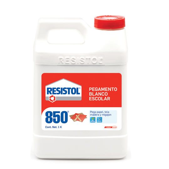 Pegamento blanco escolar Resistol 850 de Pegamento libre de solvente con gran fuerza de pegado en diversos materiales, para realizar manualidades en la escuela o en el hogar, ideal para pegar madera, papel, cartón, tela, etc., acabado invisible, agarre inmediato, no tóxico, color blanco.          1 kg                                    - 2105647