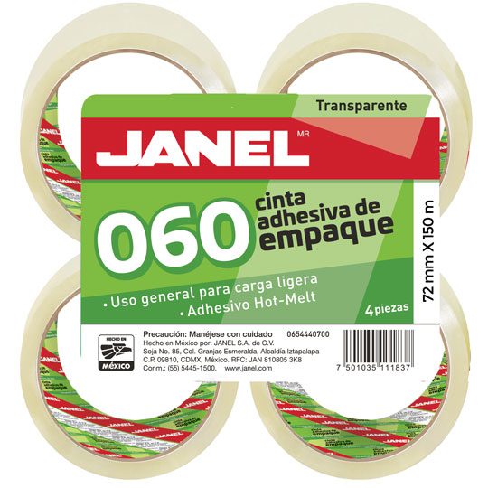 Cinta de empaque línea 060 hot Melt  tra Cinta de empaque transparente de 72mm x 150m adhesivo hot melt extra firme. Blister con 4 piezas la mejor y mas economica resistencia a la tensión, adherencia uniforme e instantanea en cajas de cartón corrugado                                              nsparente JANEL 72mmx150m 4 piezas       - 657215700