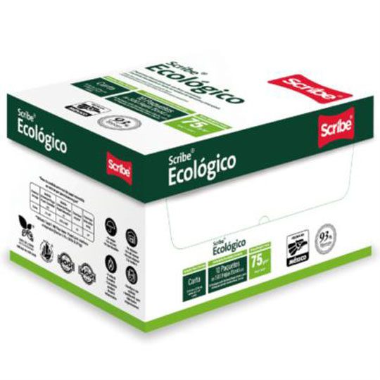 Papel bond Scribe ecologico carta blancu Medidas: 21.6x27.9 cm. caja con 10 resmas de 500 hojas c/u. papel bond ecologico para trabajos cotidianos de uso general. Cumple: NOM-050-SCFI-2004 y NOM-144                                                                                                   ra 93% 75 gr                             - SCRIBE ECOLOGICO