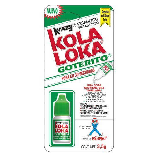 pegamento instantáneo KOLA LOKA gotero 3 Pega en 30 segundos: plásticos, metales, hules, uñas, cerámica, porcelana cristal. excepto polietileno o teflon                                                                                                                                                 .5 gramos de cianoacrilato               - KOLA LOKA