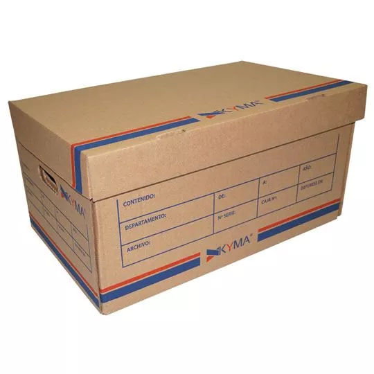 Caja de carton KYMA para archivo oficio  Caja de carton corrugado papel kraft flauta c con tapa integrada, peso: 800 g resistencia (mullen / explosion / reventamiento): 6.8 kg/cm2, resistencia bct (box crush test): 144 kg                                                                            1 pieza. Largo: 49.5cm ancho: 35.3cm y a - KYMA