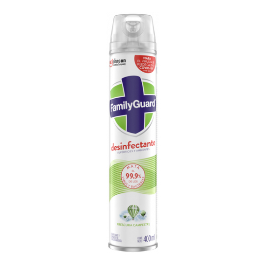 Aerosol desinfectante Scj Johnson 400 ml Desinfectante elimina 99.9 % de bacterias, gérmenes y virus evitar el contacto con ojos, inhalar o ingerir frescura campestre 400ml                                                                                                                             .                                        - FAMILY GUARD