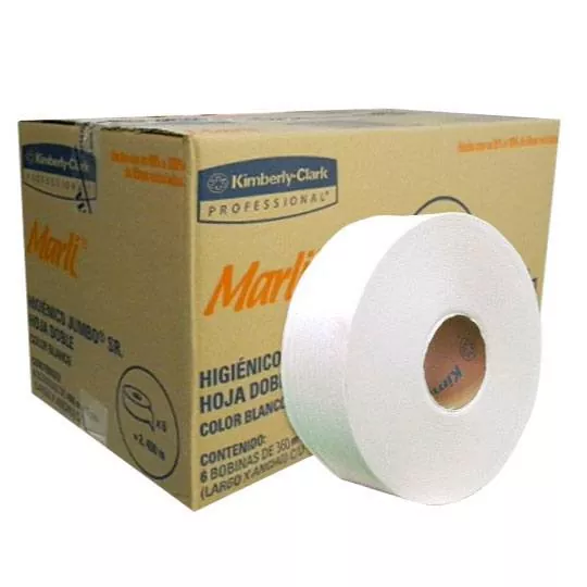 Papel Higiénico blanco Marli,caja c/6 bo Higiénico, Marli caja con 6 rollos de 360 m cada uno, hjs dobles. ancho de hjs 9 cm. Fabricante Kimberly clark. Despachadores 94248.                                                                                                                            binas jumbo 360 m mod 90532              - 90532A