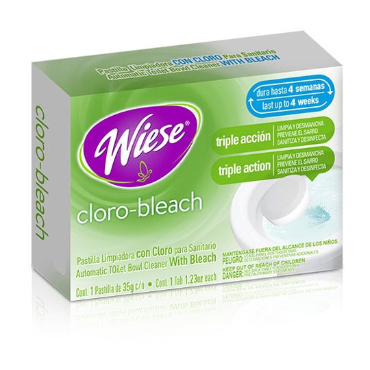 Pastilla de cloro Wiese 12 pzas c/35 gr. Pastilla con triple accion que le permite desinfectar, limpiar y prevenir el sarro de su inodoro, creando un agradable ambiente de limpieza en cada descarga. Caja con 12 pastillas de 35 gr cada una. - NPCCL06