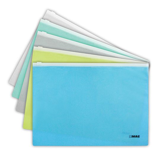 Sobre horizontal tamaño carta con cierre Sobre horizontal con cierre de polipropileno, medida de 33.5cm x 24cm, colores surtidos: amarillo, transparente, humo, azul y verde                                                                                                                             mae paquete con 5 piezas                 - 5PCK-ZIP