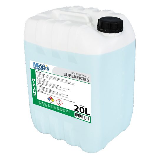 Desinfectante para superficies de 20 Lt. Desinfectante superficies y limpiador líquido antibacterial base agentes cuaternarios de amonio bidón de 20l elimina el 99.9 de gérmenes Lt.,uso directo en superficies                                                                                         .                                        - MOPS