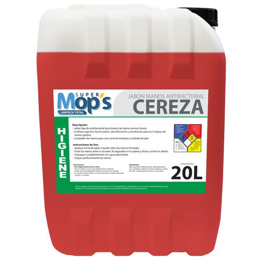 Jabon para manos Super mops aroma cereza Líquido antibacterial para manos, aroma a cereza. bidon de 20 Lt. marca Super mops. diseñado para una correcta limpieza, desinfección y cuidado de la piel.                                                                                                     20 Lt.                                   - MOPS809