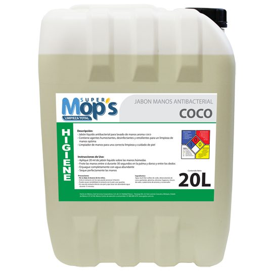 Jabon para manos Super mops aroma coco 2 Líquido antibacterial para manos, aroma a coco. bidon de 20 Lt. diseñado para una correcta limpieza, desinfección y cuidado de la piel.                                                                                                                         0 Lt.                                    - MOPS