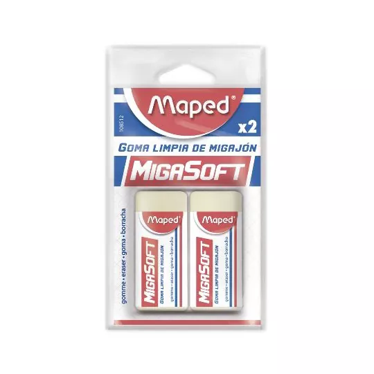 Goma migasoft Maped blíster con 2 piezas Fórmula mejorada de alto desempeño, suave textura migajón, no maltrata la hoja, máxima limpieza de uso, con fajilla protectora, ancho 55.5 mm, profundidad 13.6 mm y altura 23.5 mm, blíster con 2 piezas                                                       tipo migajón                             - 108512