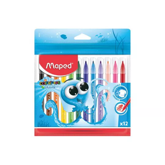 Plumones de colores Maped con 12 piezas  Bolsa re-utilizable tipo zip con 12 plumones de colores, colores brillantes, punta que no se sume de 2.8 mm, tinta lavable, cuerpo mas robusto, tapa transparente                                                                                               colorpeps ocean                          - 845912