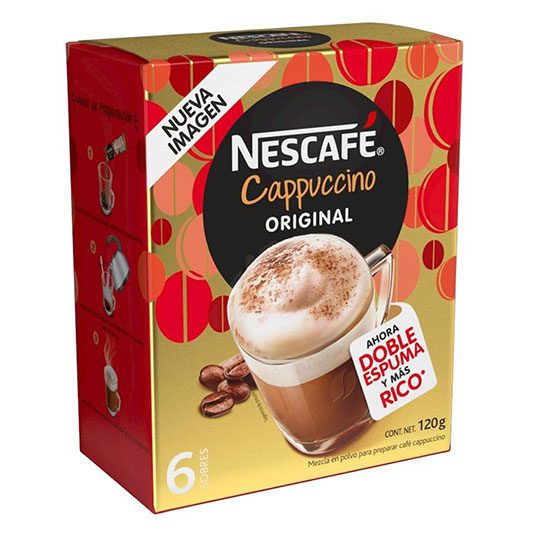 Cafe cappuccino nescafe en stick 6 pzas Sorprendete con la doble espuma. disfruta la verdadera experiencia del cappuccino, gracias a su delicioso sabor y sorprendente espuma. de una manera facil y rapida sin perder ese delicioso sabor único - NESCAFE