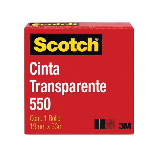 Cinta 550 transparente 3M Scotch 19x33 c Resistente y duradera, ideal para sellar sobres y reparar cosas pequeñas, acabado brillante, medidas 19mm x 33M                                                                                                                                                 m caja con 1 pieza                       - SCOTCH