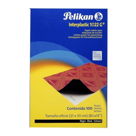 PAPEL CARBON INTERPLASTIC 1022 OFICIO    Papel carbón para copias mecanografícas. Capa interplastic que evita el manchado de los dedos. Hasta 10 copias a las vez. Escritura negra dorso rojo.                                                                                                           Carpeta con 100 hojas (21x33 cm)         - PELIKAN