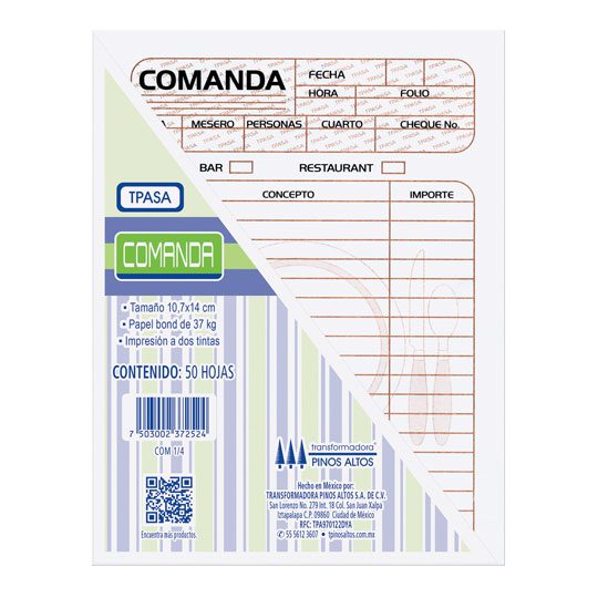 Comanda Pinos Altos de 1/4 carta blíster Papel bond de 50-56 g, medidas (hoja): 140 x 105 x 5 mm, impresión a 2 tintas, block con 50 hojas.                                                                                                                                                               con 3 blocks                            - COM1/4