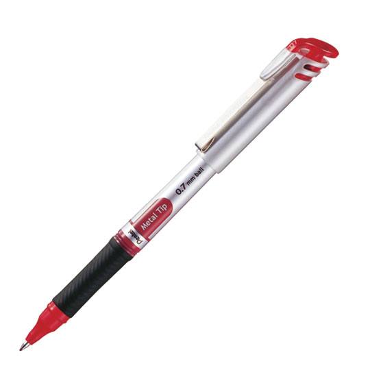 Bolígrafo Pentel energel, punta 0.7 mm ( Bolígrafo Pentel energel tinta roja de secado rápido, con agarre de caucho, punta metálica 0.7 mm (mediana), detalles en tapa color de la tinta, hecho de 53% material reciclado, escritura suave y ligera                                                      mediano), tinta roja, 1 pieza            - PENTEL