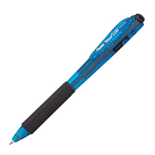 Bolígrafo Pentel wow gel, punto 0.7 mm ( Bolígrafo Pentel triangular retráctil tinta azul, tinta permanente en gel resistente al agua y decoración  color azul, con agarre de caucho, con grip libre de latex, barril brillante con destellos                                                            mediano), color azul, 1 pieza            - PENTEL