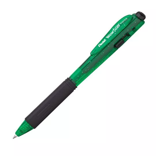 Bolígrafo retráctil wow Pentel , punto 0 Bolígrafo retráctil wow Pentel gel color verde, punta 0.7 mm, con grip libre de latex, tinta en gel color rojo, de cuerpo triangular del mismo color de la tinta, tinta resistente a l agua, barril con brillos                                                 .7 mm (mediano), gel verde, 1 pieza      - PENTEL