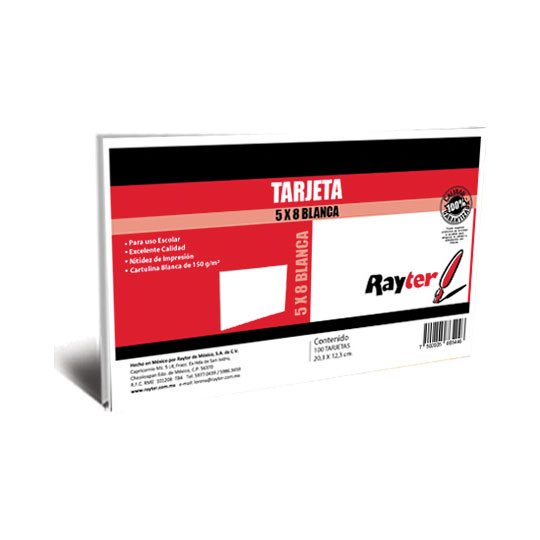Tarjeta de trabajo Rayter, 5x8 bca, colo Tarjeta de trabajo Rayter, 5x8 bca, color blanco, con 100 piezas                                                                                                                                                                                                r blanco, con 100 piezas                 - 04FTRBL5800