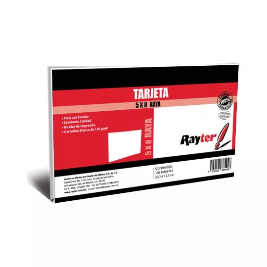 Tarjeta de trabajo Rayter, 5x8, rayada,  Tarjeta de trabajo Rayter, 5x8, rayada, color blanco con 100 piezas                                                                                                                                                                                             color blanco con 100 piezas              - RAYTER