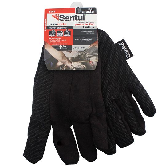 Guantes con puntos de PVC santul de poli Ideal para aplicaciones que requieren de un buen agarre y mantenimiento en condiciones secas. perfecto para superficies húmedas. composición: 90% poliéster 5% PVC                                                                                              éster                                    - SANTUL