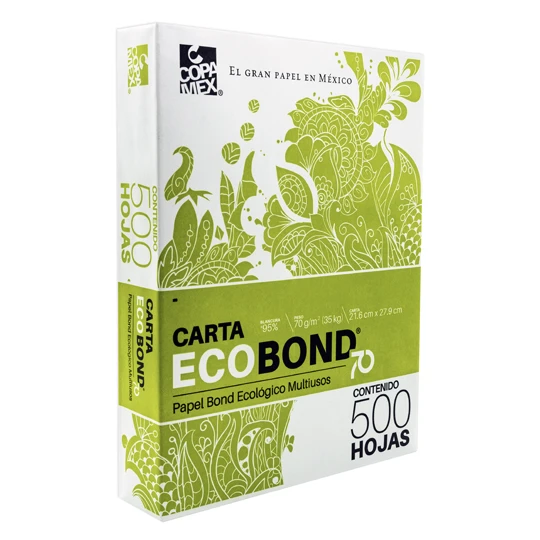 Papel Ecobond ecologico carta blancura 9 Medidas: 21.6 x 27.9 cm. caja con 10 resmas de 500 hojas c/u. papel bond ecologico de 70 gr. impresoras: láser / inkjet/ offset/ fotocopiado. tecnologia colorlok.                                                                                              5% 70 gr.                                - R0807070405E1QC