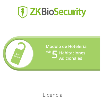 Licencia para ZKBiosecurity para modulo de hoteleria para 5 habitaciones adicionales <br>  <strong>Código SAT:</strong> 81112501 <img src='https://ftp3.syscom.mx/usuarios/fotos/logotipos/zkteco.png' width='20%'>  - ZKTECO