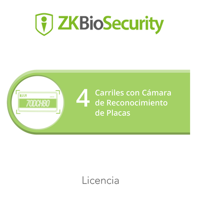 Licencia para ZKBiosecurity para modulo de estacionamiento de 4 carriles con camara de reconocimiento de placas <br>  <strong>Código SAT:</strong> 81112501 <img src='https://ftp3.syscom.mx/usuarios/fotos/logotipos/zkteco.png' width='20%'>  - ZK-BS-PARK-LPR-4